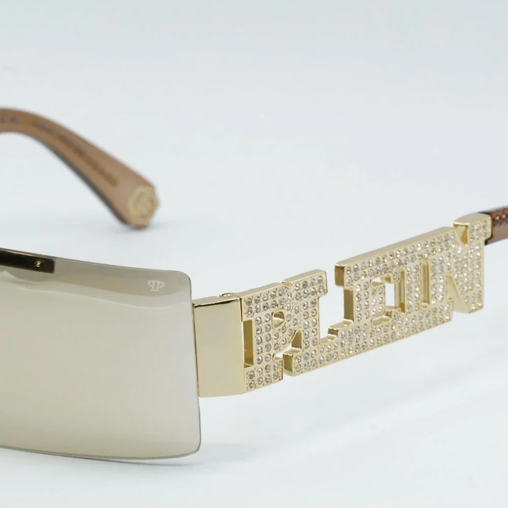 Gold Shield Rimless Sunglasses with Embellished Temples